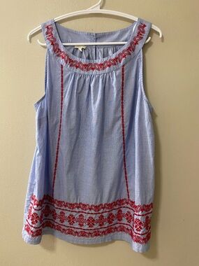 Talbots womens large chambray embroidered shirt top sleeveless blue red boho